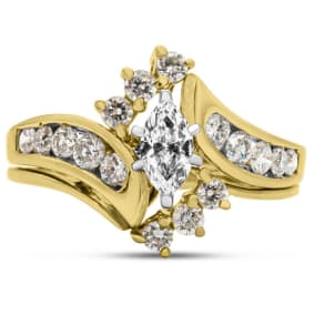 Previously Owned 14 Karat Yellow Gold 1 Carat Marquise and Round Diamond Engagement Ring, Size 10