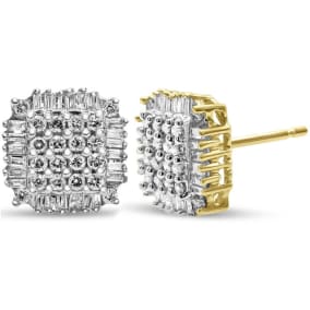 Previously Owned 10 Karat Yellow Gold 1 Carat Baguette and Round Diamond Stud Earrings