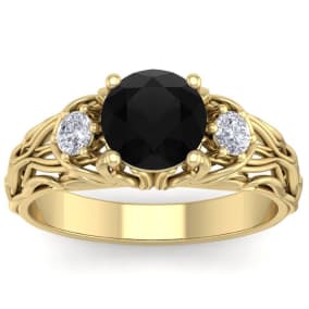 1 3/4 Carat Round Shape Black Moissanite Intricate Vine Engagement Ring In 14 Karat Yellow Gold