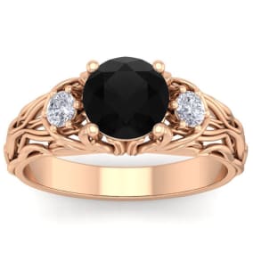 1 3/4 Carat Round Shape Black Moissanite Intricate Vine Engagement Ring In 14 Karat Rose Gold