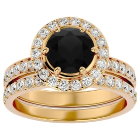 2 1/2 Carat Black Moissanite Halo Bridal Set In 14 Karat Yellow Gold With 1 1/2 Carat Center Moissanite