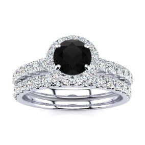 1/2 Carat Round Black Moissanite Halo Bridal Set In 14 Karat White Gold