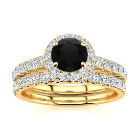 1/2 Carat Round Black Moissanite Halo Bridal Set In 14 Karat Yellow Gold