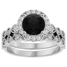 2 Carat Halo Black Moissanite Bridal Set In 14 Karat White Gold
