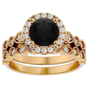 2 Carat Halo Black Moissanite Bridal Set In 14 Karat Yellow Gold