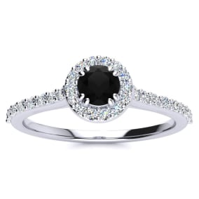 1/2 Carat Round Shape Halo Black Moissanite Engagement Ring In 14 Karat White Gold