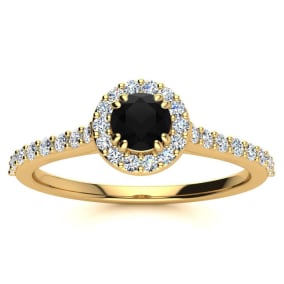 1/2 Carat Round Shape Halo Black Moissanite Engagement Ring In 14 Karat Yellow Gold