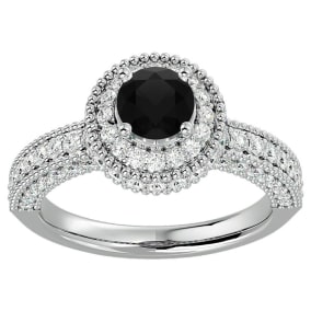 1 3/4 Carat Black Moissanite Halo Engagement Ring In 14 Karat White Gold