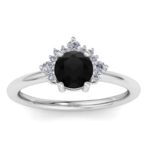 1 Carat Black Moissanite Engagement Ring With Crown In 14 Karat White Gold