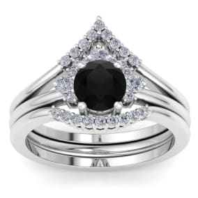 1 1/5 Carat Black Moissanite Bridal Set With Crown In 14 Karat White Gold