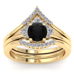 1 1/5 Carat Black Moissanite Bridal Set With Crown In 14 Karat Yellow Gold