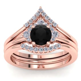 1 1/5 Carat Black Moissanite Bridal Set With Crown In 14 Karat Rose Gold