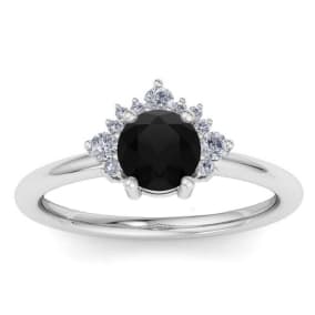 1 Carat Black Diamond Engagement Ring With Crown In 14 Karat White Gold