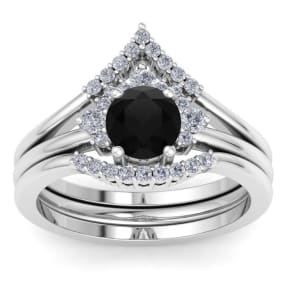 1 1/5 Carat Black Diamond Bridal Set With Crown In 14 Karat White Gold