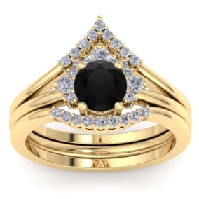 1 1/5 Carat Black Diamond Bridal Set With Crown In 14 Karat Yellow Gold