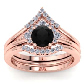 1 1/5 Carat Black Diamond Bridal Set With Crown In 14 Karat Rose Gold