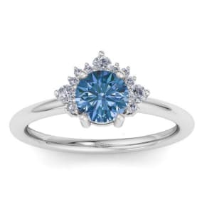1 Carat Blue Diamond Engagement Ring With Crown In 14 Karat White Gold