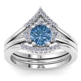 1 1/5 Carat Blue Diamond Bridal Set With Crown In 14 Karat White Gold