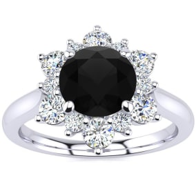 3/4 Carat Round Shape Flower Halo Black Diamond Engagement Ring In 14K White Gold