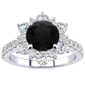 1 Carat Round Shape Flower Halo Black Diamond Engagement Ring In 14K White Gold