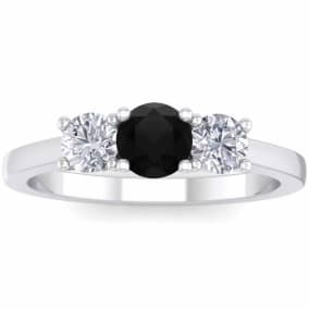 1 Carat Black Diamond Three Stone Ring In 14 Karat White Gold