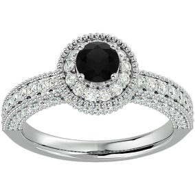 1 1/2 Carat Black Diamond Halo Engagement Ring In 14 Karat White Gold