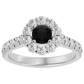 1 1/2 Carat Halo Black Diamond Engagement Ring In 14 Karat White Gold