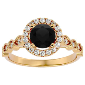 1 1/3 Carat Halo Black Diamond Engagement Ring In 14 Karat Yellow Gold