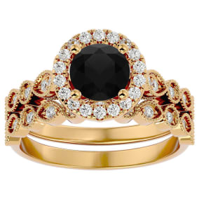 1 1/2 Carat Halo Black Diamond Bridal Set In 14 Karat Yellow Gold