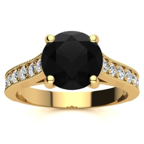 2 1/2 Carat Round Shape Black Diamond Engagement Ring In 14 Karat Yellow Gold