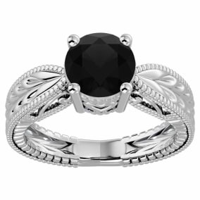 2 Carat Black Diamond Solitaire Engagement Ring with Tapered Etched Band In 14 Karat White Gold
