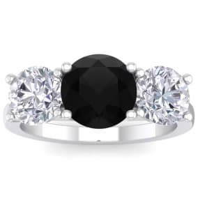4 Carat Black Diamond Three Stone Ring In 14 Karat White Gold. Huge Amazing Ring!