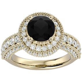 3 1/2 Carat Black Diamond Halo Engagement Ring In 14 Karat Yellow Gold