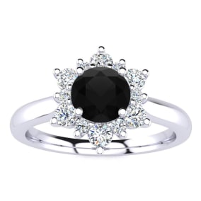 2 3/4 Carat Round Shape Flower Halo Black Diamond Engagement Ring In 14 Karat White Gold