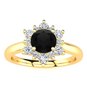 2 3/4 Carat Round Shape Flower Halo Black Diamond Engagement Ring In 14 Karat Yellow Gold