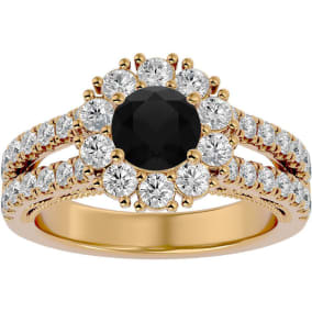 4 Carat Black Diamond Halo Engagement Ring In 14 Karat Yellow Gold