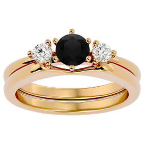 1/2 Carat Black Diamond Solitaire Ring With 1/5 Carat Enhancer In 14 Karat Yellow Gold