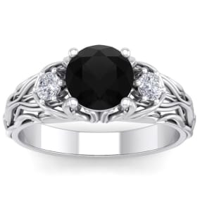 1 3/4 Carat Round Shape Black Diamond Intricate Vine Engagement Ring In 14 Karat White Gold