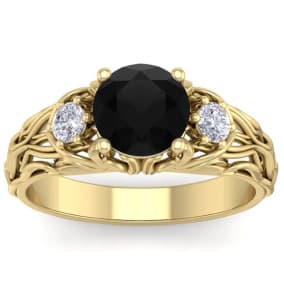 1 3/4 Carat Round Shape Black Diamond Intricate Vine Engagement Ring In 14 Karat Yellow Gold