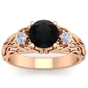 1 3/4 Carat Round Shape Black Diamond Intricate Vine Engagement Ring In 14 Karat Rose Gold