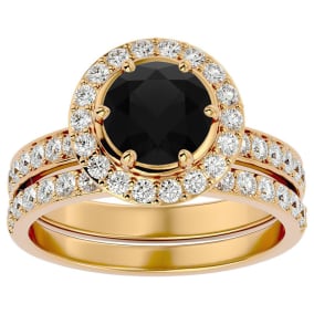 2 1/2 Carat Black Diamond Halo Bridal Set In 14 Karat Yellow Gold With 1 1/2 Carat Center Diamond