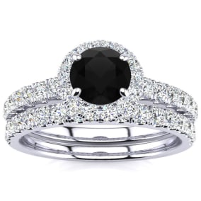 1 Carat Round Black Diamond Halo Bridal Set In 14 Karat White Gold