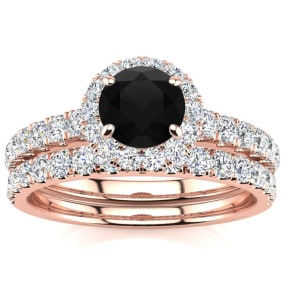 1 Carat Round Black Diamond Halo Bridal Set In 14 Karat Yellow Gold