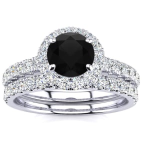 1 1/2 Carat Round Black Diamond Halo Bridal Set In 14 Karat White Gold
