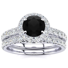 1 1/2 Carat Round Black Diamond Halo Bridal Set In 14 Karat White Gold