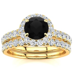 1 1/2 Carat Round Black Diamond Halo Bridal Set In 14 Karat Yellow Gold