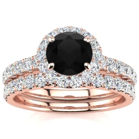 1 1/2 Carat Round Black Diamond Halo Bridal Set In 14 Karat Rose Gold