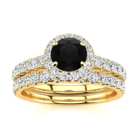 1/2 Carat Round Black Diamond Halo Bridal Set In 14 Karat Yellow Gold
