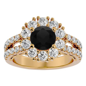 3 Carat Black Diamond Halo Engagement Ring In 14 Karat Yellow Gold