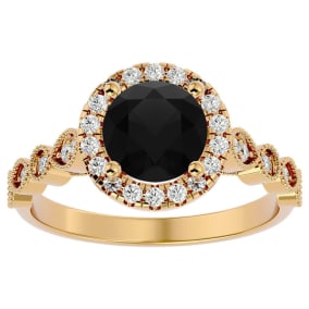 1 3/4 Carat Halo Black Diamond Engagement Ring In 14 Karat Yellow Gold